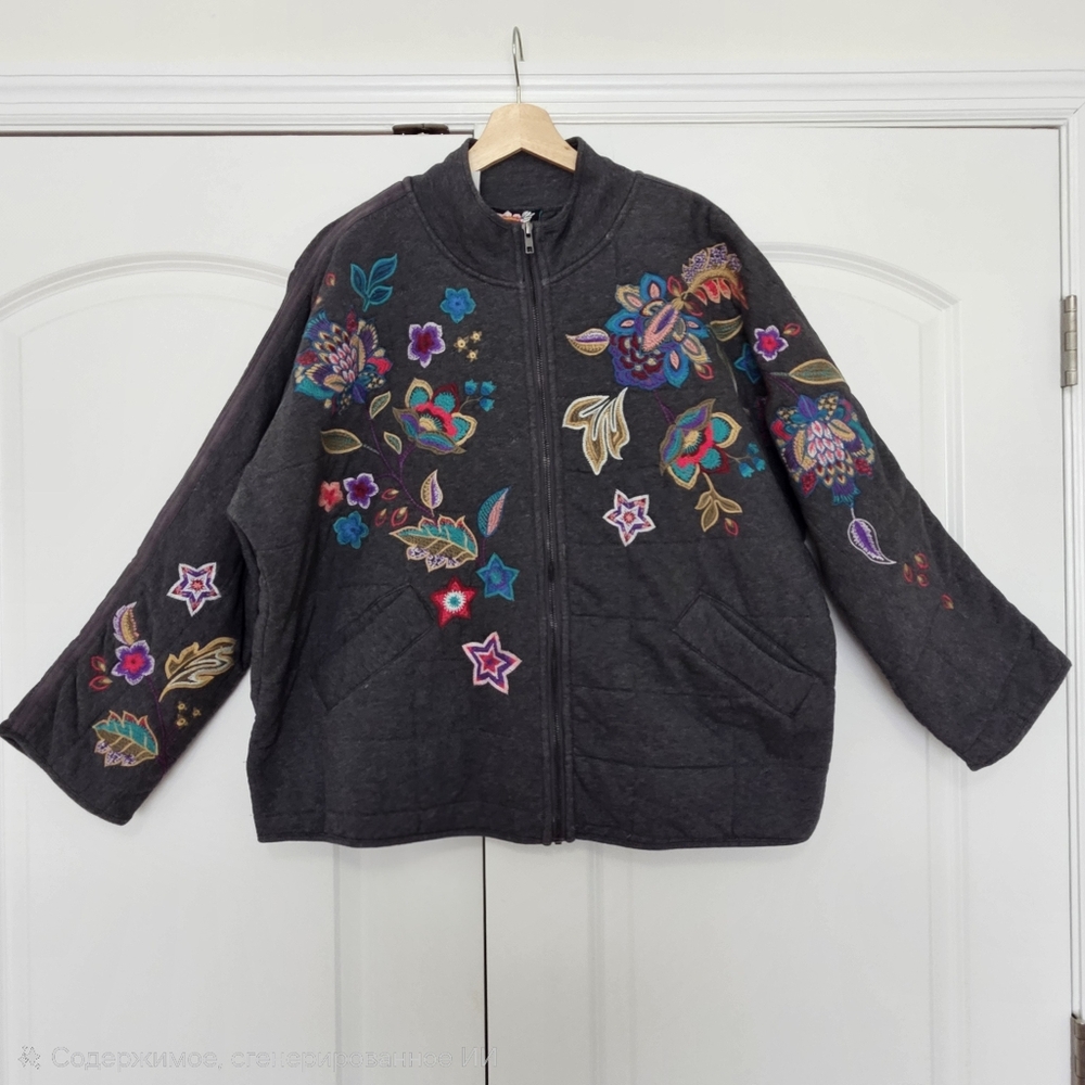Johnny Was Embroidered Quilted Boho Jacket Zip Front Size XL